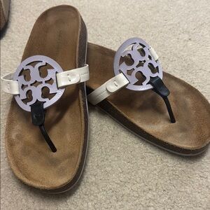 Tory Burch White, Black, and Lavender Logo Sandals